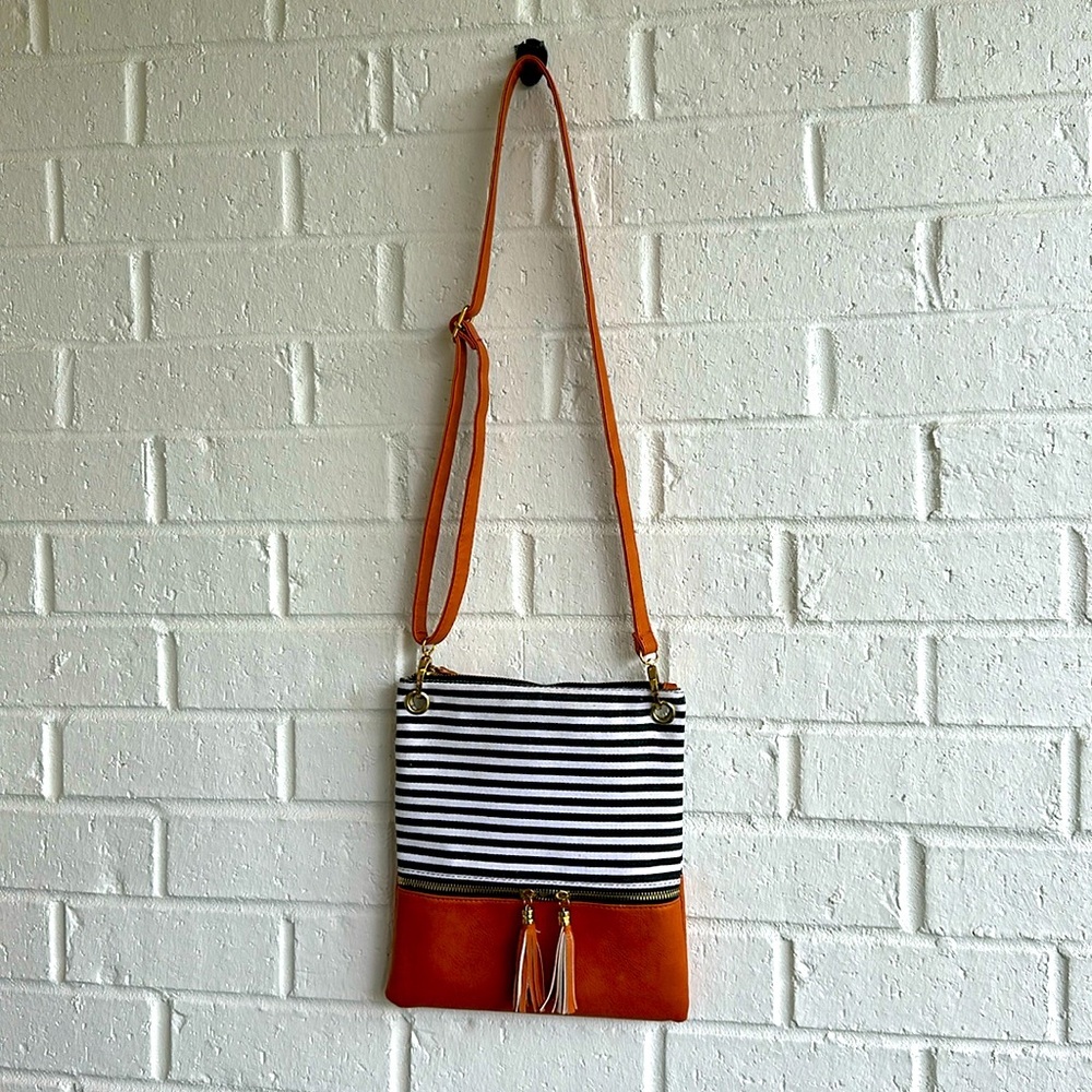 Lightweight Striped Canvas and Brown Crossbody Bag, Tassels, Gold-tone hardware